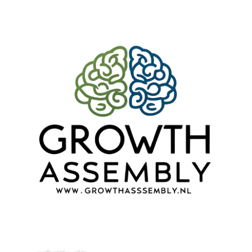 Growth Assembly logo featuring a stylized brain illustration in green and blue, representing executive coaching services.